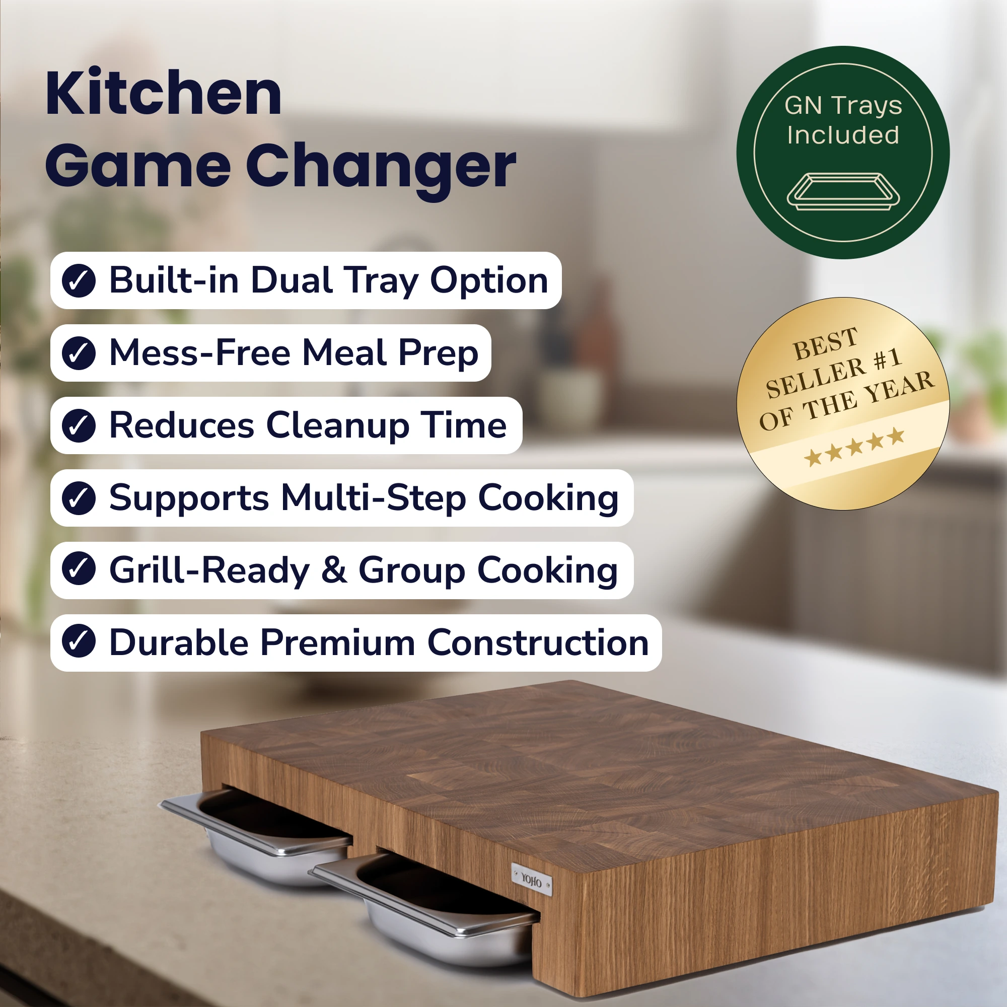 Oak Cutting Board With Dual Trays Medium 18"x13.4"