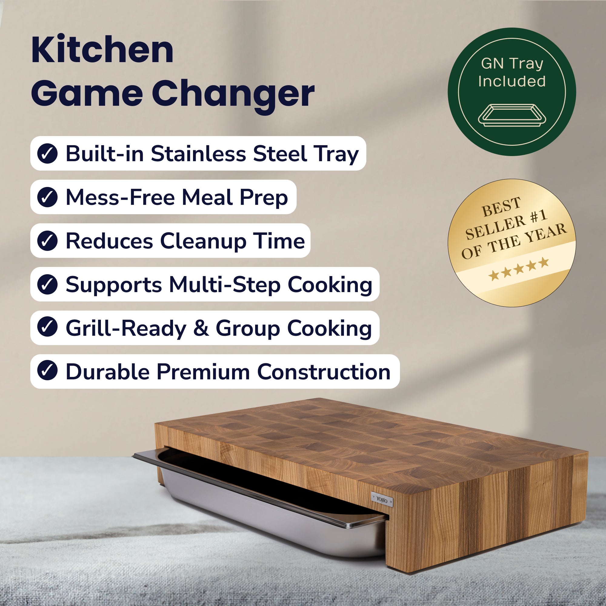 Ash Cutting Board With Tray Large 24"x14"