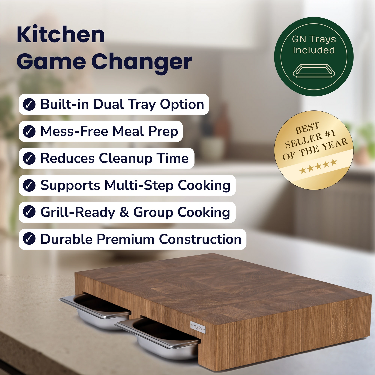 Oak Cutting Board With Dual Trays Medium 18&quot;x13.4&quot;