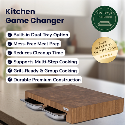 Oak Cutting Board With Dual Trays Medium 18&quot;x13.4&quot;