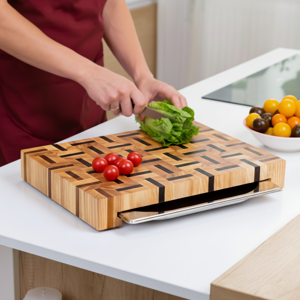 Ash &amp; Sapele Cutting Board With Tray Small 12"x16"